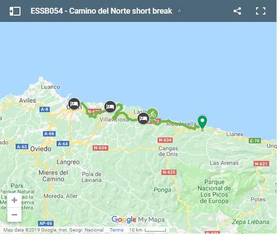 Map cycling route Camino Norte from Llanes to Gijón